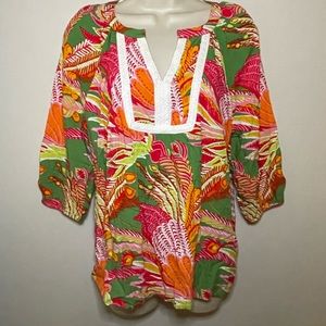 Crown & Ivy Womens Peasant Petite S Green Orange Tropical  Boho